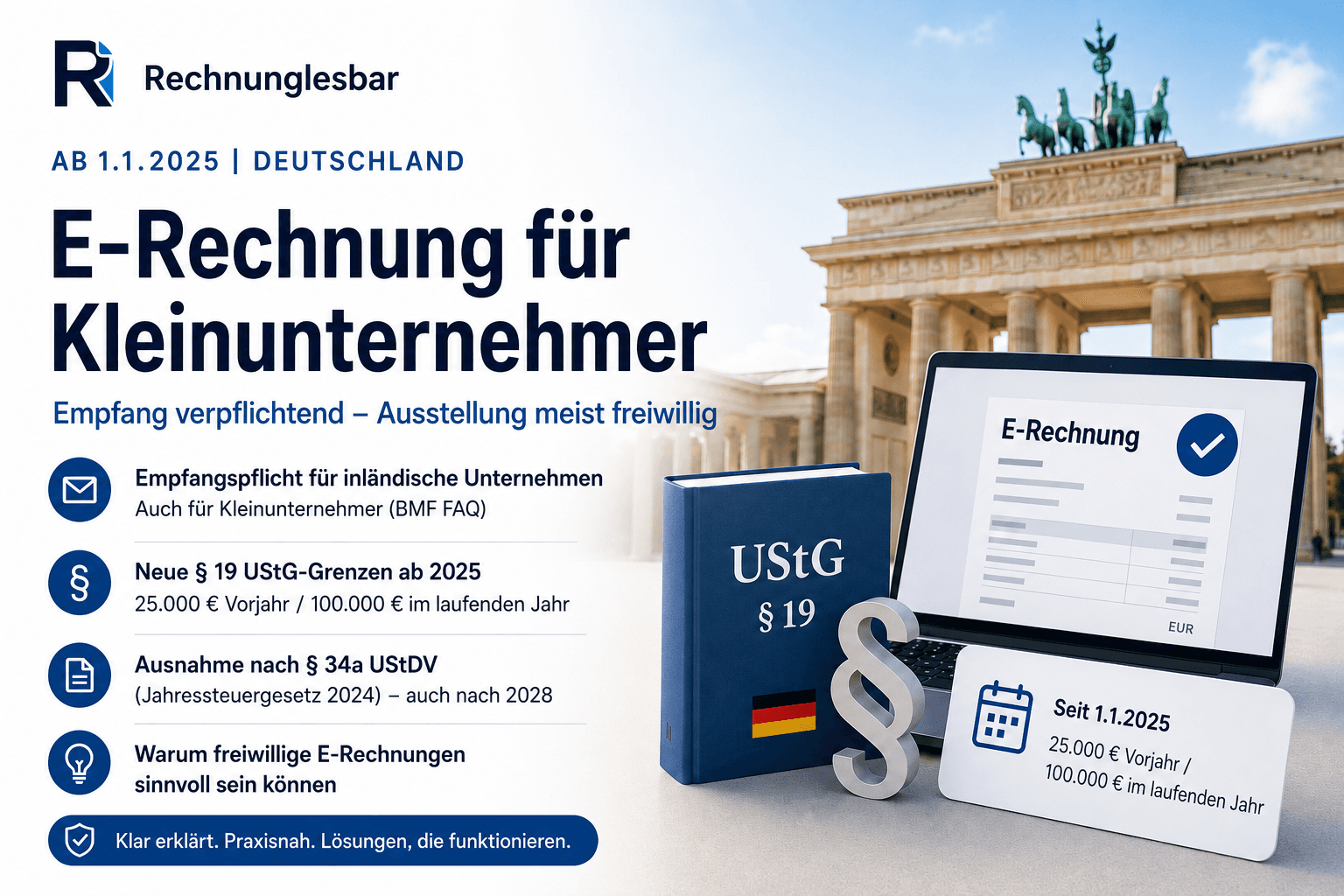 E-Rechnung für Kleinunternehmer – Empfang verpflichtend, Ausstellung meist freiwillig, mit § 19 UStG-Grenzen und § 34a UStDV
